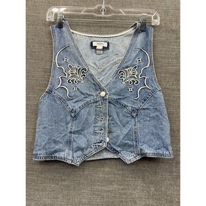 Forever 21 Denim Cropped Vest Women Small Blue Embroidered Western Button Front